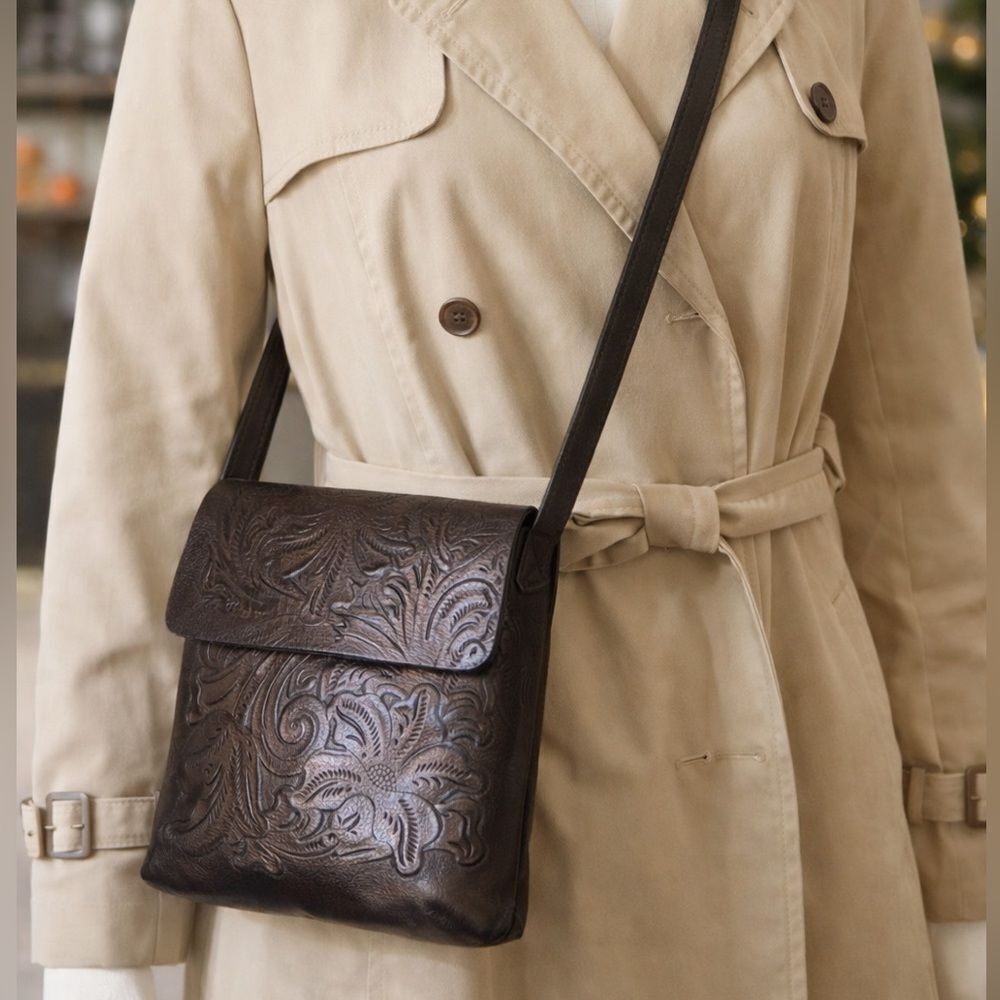 Patricia Nash Vintage Embossed Leather Crossbody Bag Brown Floral Flap Purse